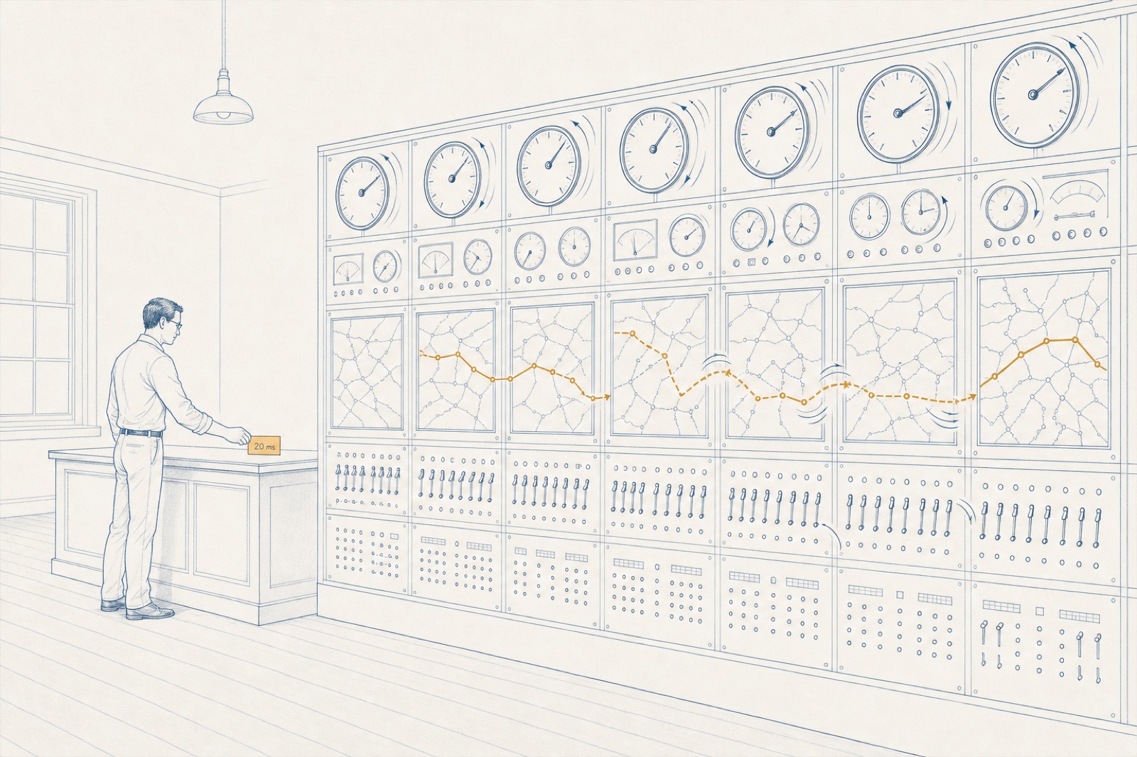 Line drawing of an operations room. A person at a counter sets down one small amber card marked 20 ms. Filling the rest of the frame, a tall wall of dials, gauges and route maps redraws itself, with motion arcs and an amber path tracing across the map panels, nobody touching it.