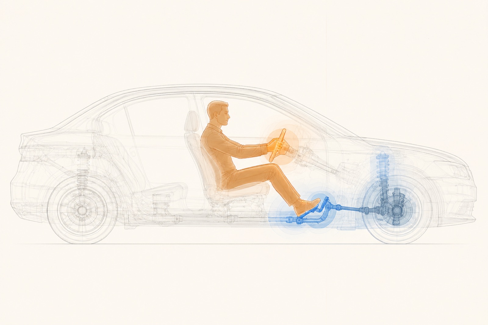 A car in side profile rendered as an X-ray, the body ghosted, with only the driver and the elements of driving highlighted.