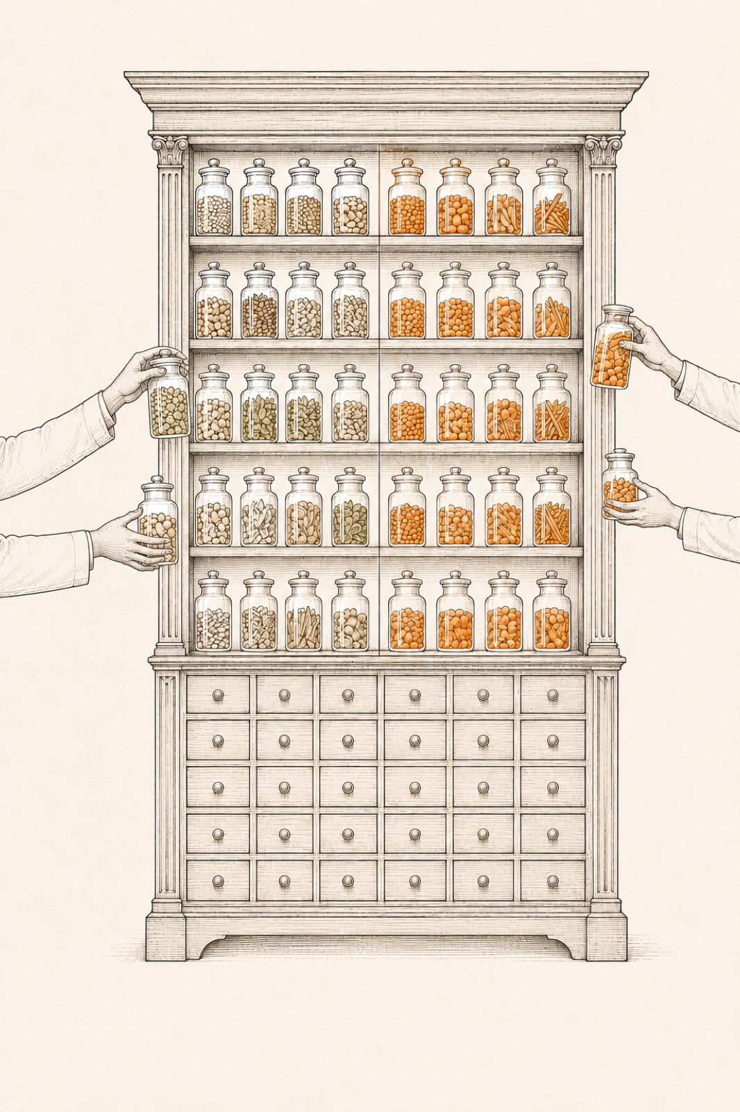 A tall apothecary cupboard of identical glass jars, two families of contents inside them, with hands lifting jars away.