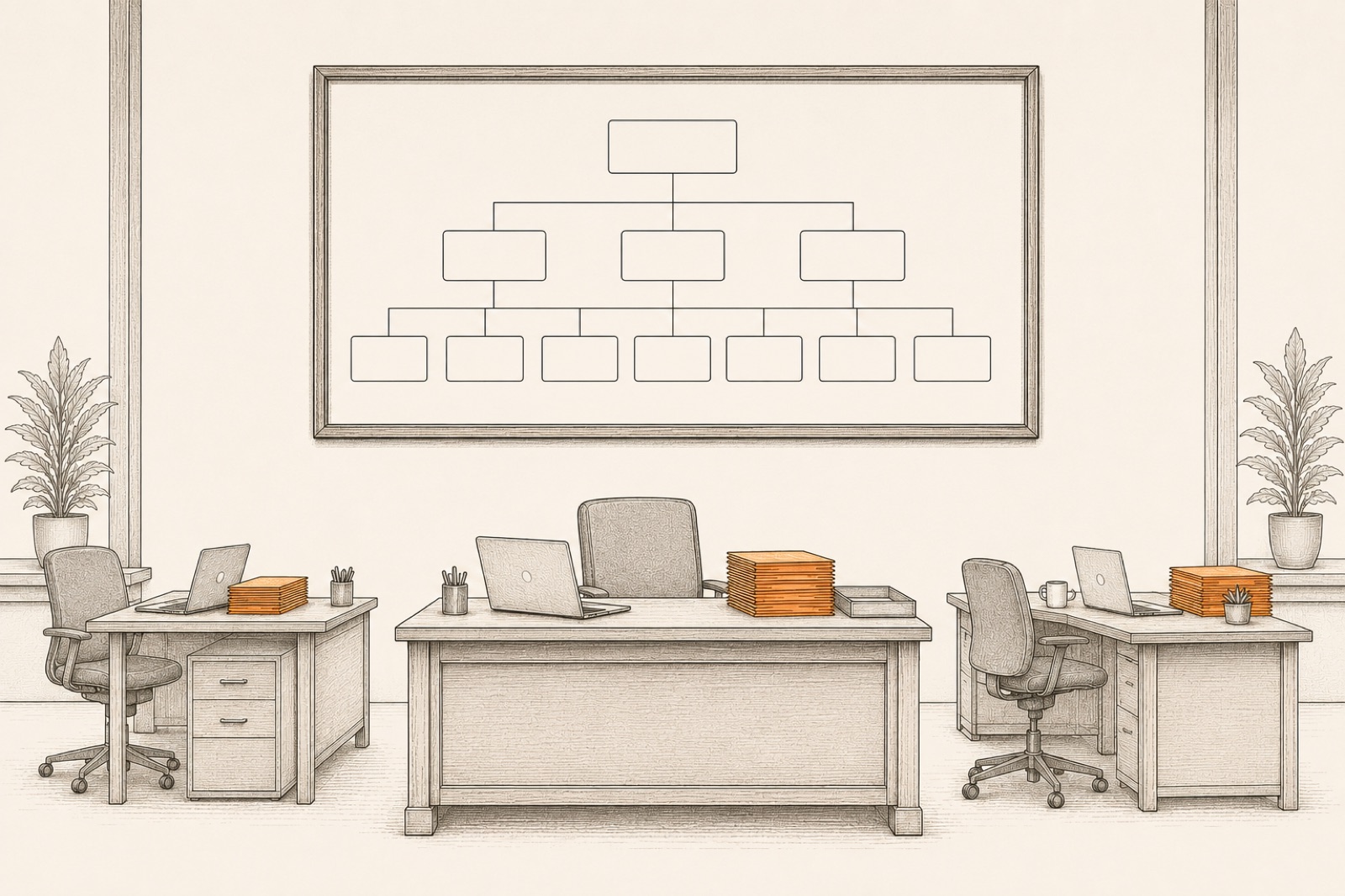An office with empty desks and chairs beneath a large framed organizational chart of unlabeled boxes, unchanged on the wall.